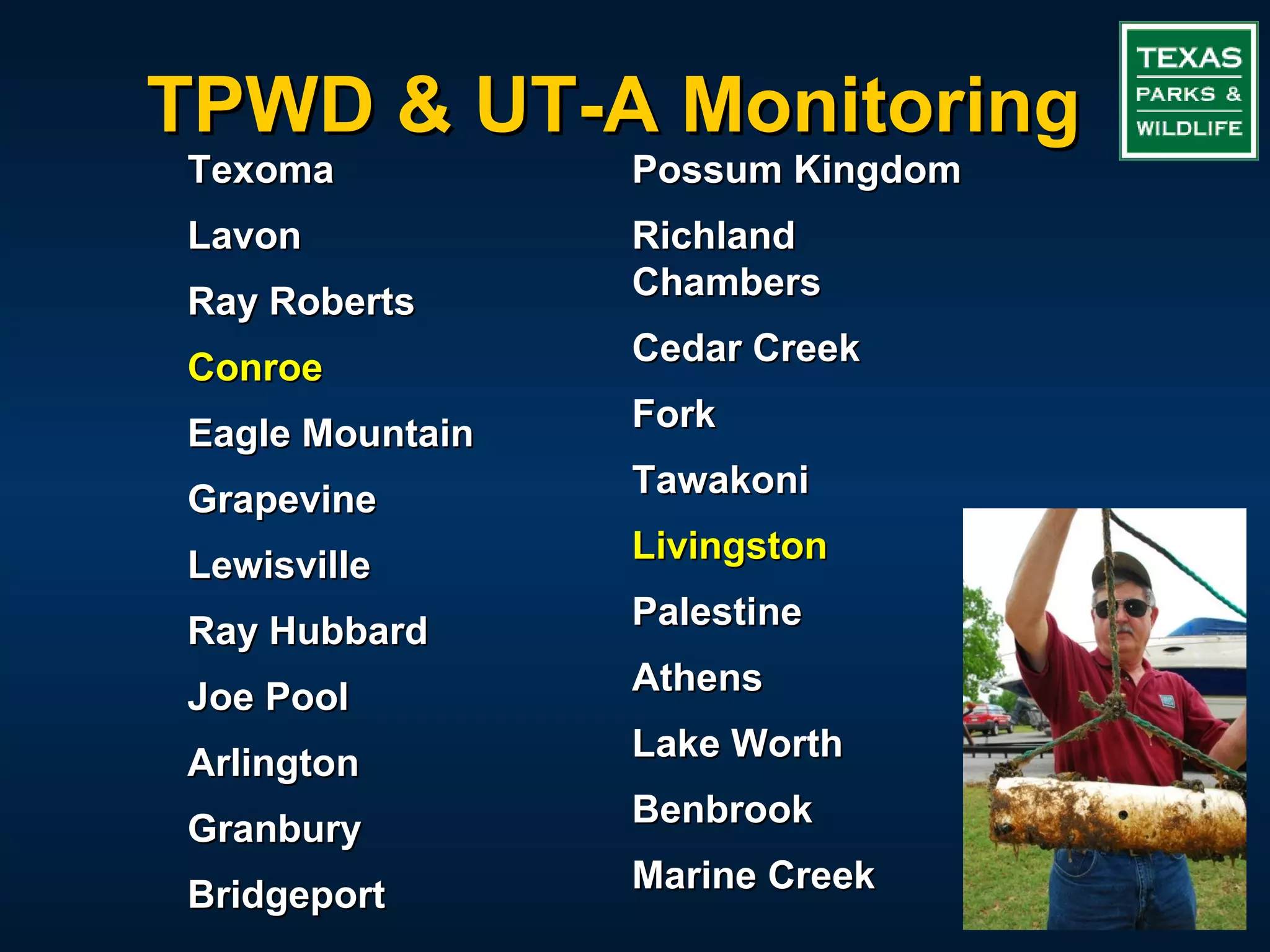 TPWD & UT-A Monitoring
Texoma           Possum Kingdom
Lavon            Richland
                 Chambers
Ray Roberts
                 Cedar Creek
Conroe
                 Fork
Eagle Mountain
                 Tawakoni
Grapevine
                 Livingston
Lewisville
                 Palestine
Ray Hubbard
                 Athens
Joe Pool
                 Lake Worth
Arlington
                 Benbrook
Granbury
                 Marine Creek
Bridgeport
 