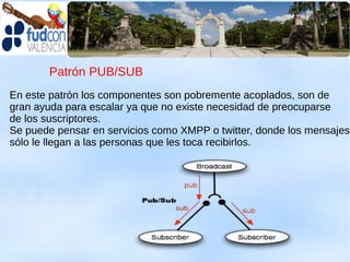 Patrón PUB/SUB
En este patrón los componentes son pobremente acoplados, son de
gran ayuda para escalar ya que no existe necesidad de preocuparse
de los suscriptores.
Se puede pensar en servicios como XMPP o twitter, donde los mensajes
sólo le llegan a las personas que les toca recibirlos.
 