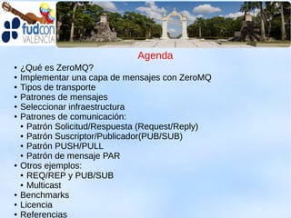 Agenda
●   ¿Qué es ZeroMQ?
●   Implementar una capa de mensajes con ZeroMQ
●   Tipos de transporte
●   Patrones de mensajes
●   Seleccionar infraestructura
●   Patrones de comunicación:
    ● Patrón Solicitud/Respuesta (Request/Reply)

    ● Patrón Suscriptor/Publicador(PUB/SUB)

    ● Patrón PUSH/PULL

    ● Patrón de mensaje PAR

●   Otros ejemplos:
    ● REQ/REP y PUB/SUB

    ● Multicast

●   Benchmarks
●   Licencia
●   Referencias
 