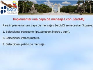 Implementar una capa de mensajes con ZeroMQ
Para implementar una capa de mensajes ZeroMQ se necesitan 3 pasos:

1. Seleccionar transporte (ipc,tcp,epgm,inproc y pgm).

2. Seleccionar infraestructura.

3. Seleccionar patrón de mensaje.
 