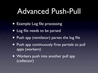 Advanced Push-Pull
• Example: Log ﬁle processing
• Log ﬁle needs to be parsed
• Push app (ventilator) parses the log ﬁle
•...