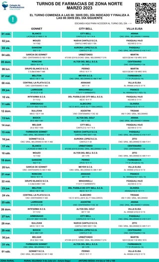 TURNOS DE FARMACIAS DE ZONA NORTE
MARZO 2023
EL TURNO COMIENZA A LAS 08: 30HS DEL DÍA INDICADO Y FINALIZA A
LAS 08:30HS DEL DÍA SIGUIENTE
ESCANEA AQUÍ PARA ACCEDER AL TURNO DEL DÍA -- >
GONNET CITY BELL VILLA ELISA
01 mié. BLANCO
LACROZE E/15BIS Y 16
CITY BELL
CANTILO E/ 14 Y 14 A
ARANA
CNO. GRAL. BELGRANO Y ARANA
02 jue. MOUZO
14 Y 502
NUEVA CANTILO S.C.S.
CANTILO NRO 925 Y 15A
PASQUALI HIJO
422 BIS E/ 3 Y 4
03 vie. GANGONI
502 Y 10
AURORA LOPEZ S.C.S.
CANTILO Y 20
PASQUALI
CNO. GRAL. BELGRANO E/ 416 Y 417
04 sáb. GARCIA DE GONNET
CNO. CENTENARIO E/ 503 Y 504
URBIZTONDO
473 BIS (EX15) E/CNO. GRAL. BELGRANO Y 21A
MARTIN
6(EX12)E/49 Y 50 NRO 1615
05 dom. RONCONI
508 E/ 18 Y 19
ALTOS DEL BELL S.C.S.
28 Y 476
CENTENARIO
CNO. CENTENARIO Y 54
06 lun. GRUPO BLANCO S.C.S.
C.G.Bel.E/484 Y 485
PERINO
476 E/ 10 Y 11
MARTIN
6(EX12)E/49 Y 50 NRO 1615
07 mar. MELITON
485 E/ 135 Y 136
MEYER S.C.S.
CNO. GRAL. BELGRANO E/ 466 Y 467
FARMAMACK
7 Y 51 (PLAZA Ex 14)
08 mié. CENTRAL LA PLATA S.C.S.
CNO. CENTENARIO Y 493
ARAKAKI
467 Y 19
VILLA ELISA
Av. ARANA (419) E/ 5 Y 6
09 jue. LARROUDE
511 E/ 21 Y 22
MINGHINELLI
11 E/17 Y SARMIENTO
FRANCO
Av. ARANA(419) Y 4(Ex 10)
10 vie. INTIFARMA S.C.S.
31 Y 512
DEL PUEBLO DE CITY BELL S.C.S.
462 E/ 16 Y 17
PASQUALI HIJO
422 BIS E/ 3 Y 4
11 sáb. ARMIGNAGO
25 E/ 511 BIS Y 512 BIS
ALBICORO
13C E/ 461D y 461E (Ex 7 Y BALCARCE)
OLIVERA
ARANA(419) E/ 10 Y 11
12 dom. SULLIVAN
485 E/ 133 Y 134
AGOSTINI
CNO. CENTENARIO Y DG. 92
TROIANI
450 Y CNO. GRAL. BELGRANO
13 lun. BOOCK
28 E/ 489 Y 491
ALTOS DEL GOLF
467 Y 135
ARANA
CNO. GRAL. BELGRANO Y ARANA
14 mar. MELGAR
25 E/ 503 Y 504
CITY BELL
CANTILO E/ 14 Y 14 A
PASQUALI HIJO
422 BIS E/ 3 Y 4
15 mié. FARMAKON GONNET
CNO. GRAL. BELGRANO Y 504
NUEVA CANTILO S.C.S.
CANTILO NRO 925 Y 15A
PASQUALI
CNO. GRAL. BELGRANO E/ 416 Y 417
16 jue. GONNET S.C.S.
CNO. GRAL. BELGRANO E/ 491 Y 492
AURORA LOPEZ S.C.S.
CANTILO Y 20
ZITO
CNO. GRAL. BELGRANO E/ 409 Y 411
17 vie. BLANCO
LACROZE E/15BIS Y 16
URBIZTONDO
473 BIS (EX15) E/CNO. GRAL. BELGRANO Y 21A
CENTENARIO
CNO. CENTENARIO Y 54
18 sáb. MOUZO
14 Y 502
ALTOS DEL BELL S.C.S.
28 Y 476
ZITO
CNO. GRAL. BELGRANO E/ 409 Y 411
19 dom. GANGONI
502 Y 10
PERINO
476 E/ 10 Y 11
FARMAMACK
7 Y 51 (PLAZA Ex 14)
20 lun. GARCIA DE GONNET
CNO. CENTENARIO E/ 503 Y 504
MEYER S.C.S.
CNO. GRAL. BELGRANO E/ 466 Y 467
VILLA ELISA
Av. ARANA (419) E/ 5 Y 6
21 mar. RONCONI
508 E/ 18 Y 19
ARAKAKI
467 Y 19
FRANCO
Av. ARANA(419) Y 4(Ex 10)
22 mié. GRUPO BLANCO S.C.S.
C.G.Bel.E/484 Y 485
MINGHINELLI
11 E/17 Y SARMIENTO
PASQUALI HIJO
422 BIS E/ 3 Y 4
23 jue. MELITON
485 E/ 135 Y 136
DEL PUEBLO DE CITY BELL S.C.S.
462 E/ 16 Y 17
OLIVERA
ARANA(419) E/ 10 Y 11
24 vie. CENTRAL LA PLATA S.C.S.
CNO. CENTENARIO Y 493
ALBICORO
13C E/ 461D y 461E (Ex 7 Y BALCARCE)
TROIANI
450 Y CNO. GRAL. BELGRANO
25 sáb. LARROUDE
511 E/ 21 Y 22
AGOSTINI
CNO. CENTENARIO Y DG. 92
ARANA
CNO. GRAL. BELGRANO Y ARANA
26 dom. INTIFARMA S.C.S.
31 Y 512
ALTOS DEL GOLF
467 Y 135
VILLA ELISA
Av. ARANA (419) E/ 5 Y 6
27 lun. ARMIGNAGO
25 E/ 511 BIS Y 512 BIS
CITY BELL
CANTILO E/ 14 Y 14 A
PASQUALI
CNO. GRAL. BELGRANO E/ 416 Y 417
28 mar. SULLIVAN
485 E/ 133 Y 134
NUEVA CANTILO S.C.S.
CANTILO NRO 925 Y 15A
ZITO
CNO. GRAL. BELGRANO E/ 409 Y 411
29 mié. BOOCK
28 E/ 489 Y 491
AURORA LOPEZ S.C.S.
CANTILO Y 20
CENTENARIO
CNO. CENTENARIO Y 54
30 jue. MELGAR
25 E/ 503 Y 504
URBIZTONDO
473 BIS (EX15) E/CNO. GRAL. BELGRANO Y 21A
MARTIN
6(EX12)E/49 Y 50 NRO 1615
31 vie. FARMAKON GONNET
CNO. GRAL. BELGRANO Y 504
ALTOS DEL BELL S.C.S.
28 Y 476
FARMAMACK
7 Y 51 (PLAZA Ex 14)
01 sáb. GONNET S.C.S.
CNO. GRAL. BELGRANO E/ 491 Y 492
PERINO
476 E/ 10 Y 11
VILLA ELISA
Av. ARANA (419) E/ 5 Y 6
ZONA RURAL RURAL IGLESIAS: 9 de Julio s/n - Arturo Seguí ARTURO SEGUI: 414 bis e/ 148 y 149
 