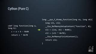 Cython (Pure C)
cdef long function(long a,
long b):
c = a + b – 0x0A
return c ^ 0x70
long __pyx_f_4temp_function(long va, long vb){
long vl1, vl2;
__Pyx_RefNannySetupContext("function", 0);
vl1 = ((va, vb) – 0x0A);
vl2 = (vl1 ^ 0x70);
__Pyx_RefNannyFinishContext();
return vl2;
}
 