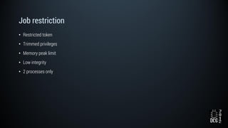 Job restriction
• Restricted token
• Trimmed privileges
• Memory peak limit
• Low integrity
• 2 processes only
 