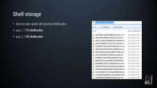 Shell storage
• Service also grabs all injected shellcodes
• pos_1 / 75 shellcodes
• pos_2 / 59 shellcodes
 