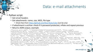 • Python script:
• Get email headers
• Get attachments: name, size, MD5, file type
• Check Yara from https://github.com/Yara-Rules/rules (can be any)
• If attachment is archive: check if it password protected, inflate and repeat previous
• Returns JSON output, example:
{"source_arch_md5": "1788A5624790B6707241E45461443757", "file_name":
"x64/mimilib.dll", "subject": "Fwd: u0421u0447u0435u0442 u043du0430
u043eu043fu043bu0430u0442u0443", "x-virus-scanned": "", "yara_matches":
["mimikatz"], "file_size": 32256, "date": "Sun, 13 Nov 2016 20:56:11 +0300",
"cc": [], "MD5": "7DF94A9513983F9324C630C98B2BACCD", "from":
"victim@test.local", "file_type": "PE32+ executable (DLL) (console) x86-64, for
MS Windows", "yara_check_date": "2016-11-13T16:46:41.788812", "user-agent":
"Mozilla/5.0 (Windows NT 6.1; WOW64; rv:45.0) Gecko/20100101n
Thunderbird/45.4.0", "to": ["victim2@test.local"], "ip": ["172.16.205.139"],
"message-id": "<dfea49de-290a-52f5-14f6-1b1dbe5d5454@test.local>", "x-mailer":
"", "mime_type": "application/x-dosexec"}
Data: e-mail attachments
 