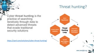Cyber threat hunting is the
practice of searching
iteratively through data to
detect advanced threats
that evade traditional
security solutions
Threat hunting?
https://sqrrl.com/solutions/cyber-threat-hunting/
 