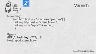 Varnish
Misrouting:
if (req.http.host == "sport.example.com") {
set req.http.host = "example.com";
set req.url = "/sport" + req.url;
}
Bypass:
GET /../admin/ HTTP/1.1
Host: sport.example.com
 