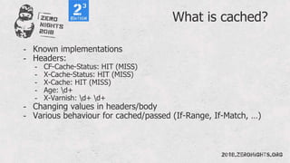 - Known implementations
- Headers:
- CF-Cache-Status: HIT (MISS)
- X-Cache-Status: HIT (MISS)
- X-Cache: HIT (MISS)
- Age: d+
- X-Varnish: d+ d+
- Changing values in headers/body
- Various behaviour for cached/passed (If-Range, If-Match, …)
What is cached?
 