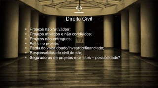 Referências
• Dinheiro da Multidão;
• Websites;
• Mundo afora;
• Criatividade com base no ordenamento jurídico atual.
 