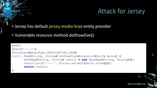 • Jersey has default jersey-media-kryo entity provider
• Vulnerable resource method doShowSize()
Attack for Jersey
@POST
@Path("/size")
@Produces(MediaType.APPLICATION_JSON)
public Map<String, String> doShowSize(ArrayList<Pair> pairs) {
HashMap<String, String> result = new HashMap<String, String>();
result.put("Count", String.valueOf(pairs.size()));
return result;
}
 