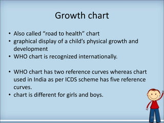 Growth chart
20
• Also called “road to health” chart
• graphical display of a child’s physical growth and
development
• WHO chart is recognized internationally.
• WHO chart has two reference curves whereas chart
used in India as per ICDS scheme has five reference
curves.
• chart is different for girls and boys.
 