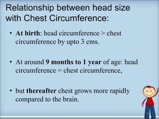 Relationship between head size
with Chest Circumference:
• At birth: head circumference > chest
circumference by upto 3 cms.
• At around 9 months to 1 year of age: head
circumference = chest circumference,
• but thereafter chest grows more rapidly
compared to the brain.
34
 
