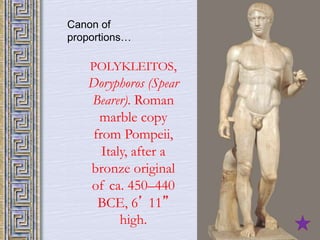 Canon of 
proportions… 
POLYKLEITOS, 
Doryphoros (Spear 
Bearer). Roman 
marble copy 
from Pompeii, 
Italy, after a 
bronze original 
of ca. 450–440 
BCE, 6’ 11” 
high. 
 