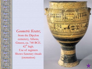 8 
Geometric Krater, 
from the Dipylon 
cemetery, Athens, 
Greece, ca. 740 BCE. 
42” high. 
Use of registers 
Shows funerary rituals 
(cremation) 
 