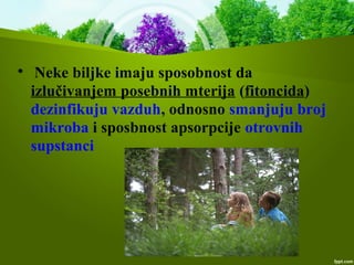 
Neke biljke imaju sposobnost da
izlučivanjem posebnih mterija (fitoncida)
dezinfikuju vazduh, odnosno smanjuju broj
mikroba i sposbnost apsorpcije otrovnih
supstanci
 