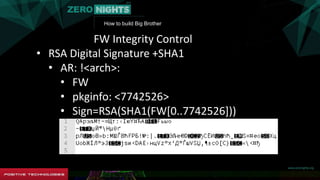 How to build Big Brother
FW Integrity Control
• RSA Digital Signature +SHA1
• AR: !<arch>:
• FW
• pkginfo: <7742526>
• Sign=RSA(SHA1(FW[0..7742526]))
 