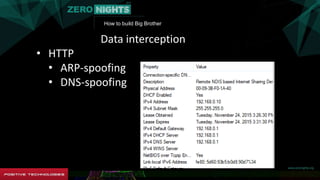 How to build Big Brother
Data interception
• HTTP
• ARP-spoofing
• DNS-spoofing
 
