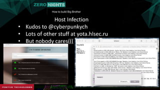 How to build Big Brother
Host Infection
• Kudos to @cyberpunkych
• Lots of other stuff at yota.hlsec.ru
• But nobody cares(((
 