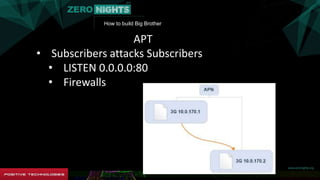 How to build Big Brother
APT
• Subscribers attacks Subscribers
• LISTEN 0.0.0.0:80
• Firewalls
 