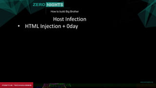 How to build Big Brother
Host Infection
• HTML Injection + 0day
 