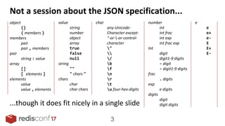 Not a session about the JSON specification...
object
{}
{ members }
members
pair
pair , members
pair
string : value
array
[]
[ elements ]
elements
value
value , elements
3
value
string
number
object
array
true
false
null
string
""
" chars "
chars
char
char chars
char
any-Unicode-
Character-except-
"-or--or-control-
character
"

/
b
f
n
r
t
u four-hex-digits
number
int
int frac
int exp
int frac exp
Int
digit
digit1-9 digits
- digit
- digit1-9 digits
frac
. digits
exp
e digits
digits
digit
digit digits
e
e
e+
e-
E
E+
E-
...though it does fit nicely in a single slide
 