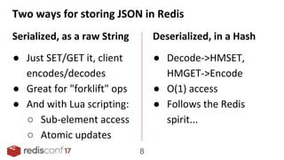 Two ways for storing JSON in Redis
Serialized, as a raw String
● Just SET/GET it, client
encodes/decodes
● Great for "forklift" ops
● And with Lua scripting:
○ Sub-element access
○ Atomic updates
8
Deserialized, in a Hash
● Decode->HMSET,
HMGET->Encode
● O(1) access
● Follows the Redis
spirit...
 