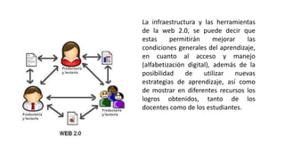 La infraestructura y las herramientas
de la web 2.0, se puede decir que
estas permitirán mejorar las
condiciones generales del aprendizaje,
en cuanto al acceso y manejo
(alfabetización digital), además de la
posibilidad de utilizar nuevas
estrategias de aprendizaje, así como
de mostrar en diferentes recursos los
logros obtenidos, tanto de los
docentes como de los estudiantes.
 
