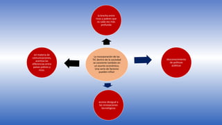 La incorporación de las
TIC dentro de la sociedad
se convierte también en
un asunto económico,
Una serie de factores
pueden influir
la brecha entre
ricos y pobres que
es cada vez más
profunda
desconocimiento
de políticas
públicas
acceso desigual a
las innovaciones
tecnológicas
en materia de
comunicaciones,
acentúa las
diferencias entre
países pobres y
ricos.
 