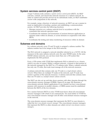 System services control point (SSCP)
A type 5 subarea node contains a system services control point (SSCP). An SSCP
activates, controls, and deactivates network resources in a subarea network. In
order to control and provide services for its subordinate nodes, an SSCP establishes
sessions with components in the network.
For example, using a directory of network resources, an SSCP can use a session to
assist an application in locating a partner and establishing a communications
session. An SSCP provides the following functions:
v Manages resources on a subarea network level in accordance with the
commands that network operators issue
v Coordinates the initiation and termination of sessions between applications in
separate nodes within its domain, or across domains in cooperation with other
SSCPs
v Coordinates the testing and status monitoring of resources within its domain
Subareas and domains
In a subarea network, every T5 and T4 node is assigned a subarea number. The
subarea number has to be unique in the SNA network.
The SNA network is assigned a network identifier referred to as a NETID. All the
resources in the same subarea network carry the same NETID name. In the same
NETID subarea network, you can have more than one z/OS system that
implements the SNA protocol.
Every z/OS system with VTAM that implements SNA is referred to as a domain,
which is an area of control. Within a subarea network, a domain is that portion of
the network managed by the SSCP in a T5 subarea node. When a subarea network
has only one T5 node, that node must manage all of the network resources.
A subarea network that contains only one T5 node is a single-domain subarea
network. When there are multiple T5 nodes in the network, each T5 node may
control a portion of the network resources. A subarea network that contains more
than one T5 node is a multiple domain subarea network.
The SSCP can also set up and take down sessions with other domains through the
cross-domain resource manager (CDRM). Figure 45 on page 106 illustrates a
cross-domain network. Before applications in one domain can have cross-domain
sessions with resources in another domain, a CDRM session must be established
between the SSCPs of the two domains.
For a session between SSCPs to exist, VTAM must know about all cross-domain
resource managers with which it can communicate. You must define to VTAM its
own cross-domain resource manager and all other cross-domain resource managers
in the network.
The cross-domain resource manager that represents the SSCP in your domain is
called the host cross-domain resource manager. The cross-domain resource managers
that represent the SSCPs in other domains are called external cross-domain resource
managers.
Chapter 7. Systems Network Architecture - basics and implementation 105
 
