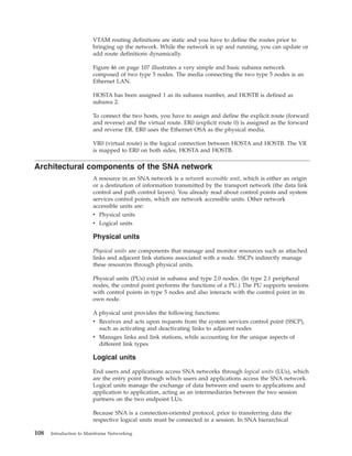 VTAM routing definitions are static and you have to define the routes prior to
bringing up the network. While the network is up and running, you can update or
add route definitions dynamically.
Figure 46 on page 107 illustrates a very simple and basic subarea network
composed of two type 5 nodes. The media connecting the two type 5 nodes is an
Ethernet LAN.
HOSTA has been assigned 1 as its subarea number, and HOSTB is defined as
subarea 2.
To connect the two hosts, you have to assign and define the explicit route (forward
and reverse) and the virtual route. ER0 (explicit route 0) is assigned as the forward
and reverse ER. ER0 uses the Ethernet OSA as the physical media.
VR0 (virtual route) is the logical connection between HOSTA and HOSTB. The VR
is mapped to ER0 on both sides, HOSTA and HOSTB.
Architectural components of the SNA network
A resource in an SNA network is a network accessible unit, which is either an origin
or a destination of information transmitted by the transport network (the data link
control and path control layers). You already read about control points and system
services control points, which are network accessible units. Other network
accessible units are:
v Physical units
v Logical units
Physical units
Physical units are components that manage and monitor resources such as attached
links and adjacent link stations associated with a node. SSCPs indirectly manage
these resources through physical units.
Physical units (PUs) exist in subarea and type 2.0 nodes. (In type 2.1 peripheral
nodes, the control point performs the functions of a PU.) The PU supports sessions
with control points in type 5 nodes and also interacts with the control point in its
own node.
A physical unit provides the following functions:
v Receives and acts upon requests from the system services control point (SSCP),
such as activating and deactivating links to adjacent nodes
v Manages links and link stations, while accounting for the unique aspects of
different link types
Logical units
End users and applications access SNA networks through logical units (LUs), which
are the entry point through which users and applications access the SNA network.
Logical units manage the exchange of data between end users to applications and
application to application, acting as an intermediaries between the two session
partners on the two endpoint LUs.
Because SNA is a connection-oriented protocol, prior to transferring data the
respective logical units must be connected in a session. In SNA hierarchical
108 Introduction to Mainframe Networking
 