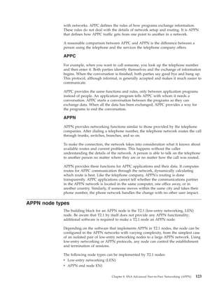 with networks. APPC defines the rules of how programs exchange information.
These rules do not deal with the details of network setup and routing. It is APPN
that defines how APPC traffic gets from one point to another in a network.
A reasonable comparison between APPC and APPN is the difference between a
person using the telephone and the services the telephone company offers.
APPC
For example, when you want to call someone, you look up the telephone number
and then enter it. Both parties identify themselves and the exchange of information
begins. When the conversation is finished, both parties say good bye and hang up.
This protocol, although informal, is generally accepted and makes it much easier to
communicate.
APPC provides the same functions and rules, only between application programs
instead of people. An application program tells APPC with whom it needs a
conversation. APPC starts a conversation between the programs so they can
exchange data. When all the data has been exchanged, APPC provides a way for
the programs to end the conversation.
APPN
APPN provides networking functions similar to those provided by the telephone
companies. After dialing a telephone number, the telephone network routes the call
through trunks, switches, branches, and so on.
To make the connection, the network takes into consideration what it knows about
available routes and current problems. This happens without the caller
understanding the details of the network. A person is able to talk on the telephone
to another person no matter where they are or no matter how the call was routed.
APPN provides these functions for APPC applications and their data. It computes
routes for APPC communication through the network, dynamically calculating
which route is best. Like the telephone company, APPN's routing is done
transparently. APPC applications cannot tell whether the communications partner
in the APPN network is located in the same computer, one office away, or in
another country. Similarly, if someone moves within the same city and takes their
phone number, the phone network handles the change with no other user impact.
APPN node types
The building block for an APPN node is the T2.1 (low-entry networking, LEN)
node. Be aware that T2.1 by itself does not provide any APPN functionality;
additional software is required to make a T2.1 node an APPN node.
Depending on the software that implements APPN in T2.1 nodes, the node can be
configured in the APPN networks with varying complexity, from the simplest case
of an isolated pair of low-entry networking nodes to a large APPN network. Using
low-entry networking or APPN protocols, any node can control the establishment
and termination of sessions.
The following node types can be implemented by T2.1 nodes:
v Low-entry networking (LEN)
v APPN end node EN)
Chapter 8. SNA Advanced Peer-to-Peer Networking (APPN) 123
 
