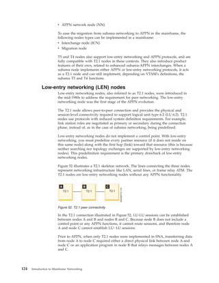 v APPN network node (NN)
To ease the migration from subarea networking to APPN in the mainframe, the
following nodes types can be implemented in a mainframe:
v Interchange node (ICN)
v Migration node
T5 and T4 nodes also support low-entry networking and APPN protocols, and are
fully compatible with T2.1 nodes in these contexts. They also introduce product
features of their own, related to enhanced subarea-APPN interchanges. When a
subarea node implements either APPN or low-entry networking protocols, it acts
as a T2.1 node and can still implement, depending on VTAM's definitions, the
subarea T5 and T4 functions.
Low-entry networking (LEN) nodes
Low-entry networking nodes, also referred to as T2.1 nodes, were introduced in
the mid-1980s to address the requirement for peer networking. The low-entry
networking node was the first stage of the APPN evolution.
The T2.1 node allows peer-to-peer connection and provides the physical and
session-level connectivity required to support logical unit type 6.2 (LU 6.2). T2.1
nodes use protocols with reduced system definition requirements. For example,
link station roles are negotiated as primary or secondary during the connection
phase, instead of, as in the case of subarea networking, being predefined.
Low-entry networking nodes do not implement a control point. With low-entry
networking, you must predefine every partner resource (if it does not reside on
this same node) along with the first hop (link) toward that resource (this is because
neither searching nor topology exchanges are supported by low-entry networking
nodes). This predefinition requirement is the primary drawback of low-entry
networking nodes.
Figure 52 illustrates a T2.1 skeleton network. The lines connecting the three nodes
represent networking infrastructure like LAN, serial lines, or frame relay ATM. The
T2.1 nodes are low-entry networking nodes without any APPN functionality.
In the T2.1 connection illustrated in Figure 52, LU-LU sessions can be established
between nodes A and B and nodes B and C. Because node B does not include a
control point or any APPN functions, it cannot route sessions, and therefore node
A and node C cannot establish LU- LU sessions.
Prior to APPN, when only T2.1 nodes were implemented in SNA, transferring data
from node A to node C required either a direct physical link between node A and
node C or an application program in node B that relays messages between nodes A
and C.
Figure 52. T2.1 peer connectivity
124 Introduction to Mainframe Networking
 