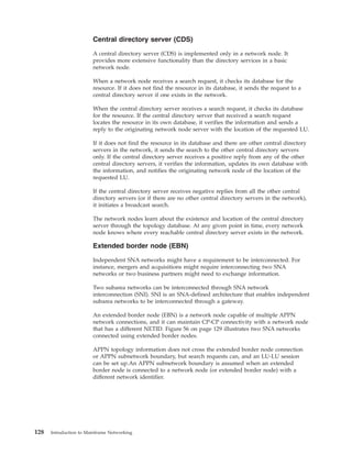 Central directory server (CDS)
A central directory server (CDS) is implemented only in a network node. It
provides more extensive functionality than the directory services in a basic
network node.
When a network node receives a search request, it checks its database for the
resource. If it does not find the resource in its database, it sends the request to a
central directory server if one exists in the network.
When the central directory server receives a search request, it checks its database
for the resource. If the central directory server that received a search request
locates the resource in its own database, it verifies the information and sends a
reply to the originating network node server with the location of the requested LU.
If it does not find the resource in its database and there are other central directory
servers in the network, it sends the search to the other central directory servers
only. If the central directory server receives a positive reply from any of the other
central directory servers, it verifies the information, updates its own database with
the information, and notifies the originating network node of the location of the
requested LU.
If the central directory server receives negative replies from all the other central
directory servers (or if there are no other central directory servers in the network),
it initiates a broadcast search.
The network nodes learn about the existence and location of the central directory
server through the topology database. At any given point in time, every network
node knows where every reachable central directory server exists in the network.
Extended border node (EBN)
Independent SNA networks might have a requirement to be interconnected. For
instance, mergers and acquisitions might require interconnecting two SNA
networks or two business partners might need to exchange information.
Two subarea networks can be interconnected through SNA network
interconnection (SNI). SNI is an SNA-defined architecture that enables independent
subarea networks to be interconnected through a gateway.
An extended border node (EBN) is a network node capable of multiple APPN
network connections, and it can maintain CP-CP connectivity with a network node
that has a different NETID. Figure 56 on page 129 illustrates two SNA networks
connected using extended border nodes.
APPN topology information does not cross the extended border node connection
or APPN subnetwork boundary, but search requests can, and an LU-LU session
can be set up.An APPN subnetwork boundary is assumed when an extended
border node is connected to a network node (or extended border node) with a
different network identifier.
128 Introduction to Mainframe Networking
 