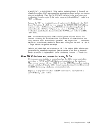CANUREACH is received by all DLSw routers, including Router B. Router B has
already learned the MAC addresses of the workstations, hosts, and servers that are
attached to its LAN. When the CANUREACH packet with the MAC address of
workstation B reaches router B, the router converts the CANUREACH packet to a
TEST LLC2 frame.
Because the TEST is a broadcast frame, all stations on the LAN receive the TEST
frame. Workstation B, which has been assigned the 4200.0000.0002 MAC address,
responds with a +RSP. Because ICANREACH is a unicast message, Router B
encapsulates the +RSP in a TCP packet and sends an ICANREACH packet to
workstation A only. Router A decapsulates the ICANREACH packet to an LLC2
+RSP frame.
LLC2 requires timely responses and acknowledgments between the two end
stations. Extending the distance between workstation A and workstation B, and
using a slower media than the rated speed of a LAN, might cause LLC2 timers to
expire and terminate the connection. Serial WAN link speeds are from 256 Kbps to
2 Mbps, while LAN speed is 100 Mbps.
With DLSw, connections are terminated at the DLSw routers, which acknowledge
packets locally instead of transmitting these across the WAN. This technique is
known as spoofing; it reduces WAN traffic, eliminating potential LLC2 time-outs.
How SDLC devices are connected using DLSw
DLSw routers were installed in remote branches. The DLSw router enabled the
connection of TCP/IP and SNA LAN-attached workstations to the mainframe.
Many remote branches still have SDLC devices like IBM 3174 controllers, banking,
or retail controllers. Using the DLSw branch router eliminates the need to connect
the SDLC device using a dedicated communication link.
Figure 77 on page 160 shows how an SDLC controller in a remote branch is
connected using DLSw routers.
Chapter 9. SNA/IP implementation 159
 