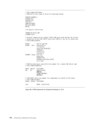 * SYSP.VTAMLST(ATCSTR01)
* APPN definitions (some of which are mentioned below)
APPNCOS=#CONNECT,
CPCDRSC=YES,
CDSERVR=YES,
CPCP=YES,
CONNTYPE=APPN,
HPR=(RTP,NONE)
NN=YES
* EE specific definitions
IPADDR=10.134.61.188
TCPNAME=TCPIP
* External communications adapter (XCA) VTAM major node defines the IP port
* connection to the z/OS TCP/IP stack that VTAM will use for EE connections
* SYSP.VTAMLST(XCAEE)
XCAEE1 vbuild type=XCA
EEPORT port medium=hprip,
livtime=10,
iptos=(20,40,80,C0),
SAPADDR=4,
srqretry=3,
srqtime=15
EEGROUP group dial=yes
dynpu=yes,
DYNPUPFX=EX,
AUTOGEN=(nnnn,EEXL,EEXP),
call=inout
* VTAM Switched major node definition member for a remote SNA Server node
* SYSP.VTAMLST(SWEEPU1)
SWPU1 VBUILD TYPE=SWNET
PU1 PU MAXDATA=1033,
ADDR=01,
CPNAME=SNASRVR,
PUTYPE=2
* VTAM CDRSC definition member for independant LU (LU6.2) on PU1 above.
* SYSP.VTAMLST(CDRS1)
CDRSC1 VBUILD TYPE=CDRSC
ILU1 CDRSC ALSLIST=PU1
Figure 88. VTAM statements for Enterprise Extender (1 of 2)
176 Introduction to Mainframe Networking
 