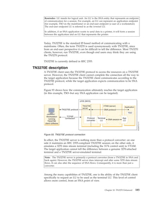 Reminder: LU stands for logical unit. An LU is the SNA entity that represents an endpoint
of communication for a session. For example, an LU can represent an application endpoint
(for example, TSO on the mainframe) or an end-user endpoint (a user at a workstation).
The end-user endpoint LU is referred to as the terminal LU.
In addition, if an SNA application wants to send data to a printer, it will form a session
between the application and an LU that represents the printer.
Today, TN3270E is the standard IP-based method of communicating with a
mainframe. Often, the term TN3270 is used synonymously with TN3270E, since
from an end-user perspective it can be difficult to tell the difference. Most TN3270
clients, however, run TN3270E, even though end users may think they are using
the TN3270 protocol.
TN3270E is currently defined in RFC 2355.
TN3270E description
A TN3270E client uses the TN3270E protocol to access the resources on a TN3270E
server. However, the TN3270E client cannot complete the connection all the way to
the target application because the TN3270E client communicates according to the
TN3270E protocol, while the target application expects communication to be SNA
protocol.
Figure 93 shows how the communication ultimately reaches the target application
(in this example, TSO--but any SNA application can be targeted).
In effect, the TN3270E server is nothing more than a protocol converter: on one
side it maintains an RFC 2355-compliant TN3270E session; on the other side, it
emulates a 3270 data stream terminal (including the 3174 control unit) to VTAM.
The target application cannot tell the difference between a genuine 3270-attached
terminal and a TN3270E server-emulated terminal.
Note: The TN3270E server is primarily a protocol converter (from a TN3270E to SNA and
back again). However, the TN3270E server does intercept and alter some 3270 data stream
flows. It can also alter the sequence of SNA flows. Consequently, it is more than just a
converter.
Among the many capabilities of TN3270E, one is the ability of the TN3270E client
specifically to request an LU to be used as the terminal LU. This level of control
allows more control, from an SNA point of view.
Figure 93. TN3270E protocol connection
Chapter 10. TN3270 Enhanced 185
 