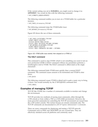 If the current setting was set to SUBAREA, you might want to change it to
APPNFRST. You would do this with the following command:
F NET,VTAMOPTS,SORDER=APPNFRST
The following command enables you to turn on a VTAM buffer for a particular
resource:
F NET,TRACE,id=resource,TYPE=BUF
The following command stops the VTAM buffer trace:
F NET,NOTRACE,ID=resource,TYPE=BUF
Figure 103 shows the use of these commands.
The HALT command
This command is used to stop VTAM--which is not something you want to test on
your production LPAR! A HALT command without any parameters performs a
nondisruptive end to VTAM. The HALT command is abbreviated as the single
characterZ .
The following command halts VTAM more quickly than a normal HALT
command. The command causes sessions to be terminated and VTAM to shut
down.
Z NET,QUICK
The following command causes VTAM to abend and is quite a nasty way to bring
it down. You would normally try the Z NET,QUICK command first.
Z NET,CANCEL
Examples of managing TCP/IP
TCP/IP, like VTAM, has a number of commands available to monitor and change
the environment.
TCP/IP provides two methods of issuing most commands, either through the
z/OS console or from within a TSO or z/OS UNIX environment. However, the
more powerful commands for controlling the TCP/IP environment are issued from
the z/OS system console. This section focuses on console commands only. The
TCP/IP commands are documented in z/OS IP System Administrator's Commands.
There are many commands for displaying and testing a TCP/IP network.
Commands such as PING and TRACERTE are not covered here. They are
effectively standard across all platforms and commonly used.
F NET,TRACE,ID=Z6TS0001,TYPE=BUF
IST097I MODIFY ACCEPTED
IST1515I BUFFER TRACE ACTIVE
IST513I TRACE INITIATED FOR NODE Z6TS0001
F NET,NOTRACE,ID=Z6TS0001,TYPE=BUF
IST097I MODIFY ACCEPTED
IST512I TRACE TERMINATED FOR NODE = Z6TS0001
Figure 103. VTAM buffer trace started, then stopped on a VTAM LU
Chapter 11. Network operational tasks 203
 