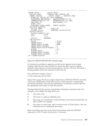 If a connectivity problem is apparent and the device appears to be in good
working order, the next step would be to ensure that there were no routing
problems with respect to (or from the perspective of) the z/OS host. Obviously, a
routing problem could exist elsewhere in the network.
The command to display routes is:
D TCPIP,tcpprocname,NETSTAT,ROUTE
Figure 106 on page 206 shows sample output from a NETSTAT ROUTE command.
A network administrator would need to know which network is experiencing
connectivity problems. The network administrator would then scan this table for
the appropriate route taken to reach the network.
The flags field tells the network administrator information about the route. For
example, in this display, the flags shown are:
U The route is Up.
G The route is a gateway (default) route.
S The route was created from a static definition (not learned dynamically via
RIP or OSPF, for example).
H The route is a host route, with a network mask of 32 bits (that is, only one
destination host is defined by this route).
Other route flags exist and can be found documented under the NETSTAT
command in z/OS IP System Administrator's Commands.
DEVNAME: OSA100 DEVTYPE: MPCIPA
DEVSTATUS: READY CFGROUTER: NON ACTROUTER: NON
LNKNAME: OSATR100 LNKTYPE: IPAQTR LNKSTATUS: READY
NETNUM: N/A QUESIZE: N/A SPEED: 0000000100
MACADDRORDER: NON-CANONICAL SRBRIDGINGCAPABILITY: YES
IPBROADCASTCAPABILITY: NO ARPBROADCASTTYPE: ALL RINGS
ARPOFFLOAD: YES ARPOFFLOADINFO: YES
ACTMTU: 17914
READSTORAGE: GLOBAL (4096K) INBPERF: BALANCED
BSD ROUTING PARAMETERS:
MTU SIZE: 00000 METRIC: 00
DESTADDR: 0.0.0.0 SUBNETMASK: 255.255.255.128
MULTICAST SPECIFIC:
MULTICAST CAPABILITY: YES
GROUP REFCNT
----- ------
224.0.0.1 0000000001
LINK STATISTICS:
BYTESIN = 7721257
INBOUND PACKETS = 44830
INBOUND PACKETS IN ERROR = 85896
INBOUND PACKETS DISCARDED = 0
INBOUND PACKETS WITH NO PROTOCOL = 0
BYTESOUT = 252
OUTBOUND PACKETS = 3
OUTBOUND PACKETS IN ERROR = 0
OUTBOUND PACKETS DISCARDED = 0
1 OF 1 RECORDS DISPLAYED
Figure 105. DISPLAY NETSTAT DEV command output
Chapter 11. Network operational tasks 205
 