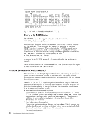 Control of the TN3270E server
The TN3270E server also supports extensive control commands:
VARY TCPIP,telnetprocname,ACT,luname
Commands for activating and inactivating LUs are available. However, they are
not the same as a VTAM activation of a resource. A command to inactivate a
TN3270 LU simply makes an LU unavailable to the TN3270E server; it has no
effect on the resource status. Such a command might be used by the network
administrator in the event of an LU causing connectivity problems. To inactivate
LU OVHTCP12, the following command could be used:
V TCPIP,telnetprocname,INACT,OVHTCP12
At startup of the TN3270E server, all LUs are considered active (available) by
default.
There are also commands to stop and restart TN3270E services without having to
actually stop or restart the TN3270E server.
Network environment documentation
Documentation is something that people like to read–but typically do not like to
create! Good documentation is worth its weight in gold. It is a great tool for
learning about your network environment–and it helps to reduce the time it takes
to resolve a problem.
The IBM VTAM and TCP/IP network product manuals are very detailed. Such
proportionate detail might be necessary in regard to the processes, diagrams and
setup information relevant to your organization. The information found in this
type of documentation might include:
v Network component overview diagram
Types of devices, protocols in use, mainframe network interfaces, LPAR names,
TCP/IP addresses, network and subnetwork addresses, VTAM SSCP names, data
center switches, and routers the mainframe is connected to. This information
might not be shown all on one diagram, but somewhere it must all be
documented and available.
v Network component description
Describe the components in the diagram (such as VTAM, TCP/IP, routing, and
interfaces) and explain how they are defined within your organization. Include
IP network and subnetwork (network ID) information.
v Application descriptions
EZZ6064I TELNET CONNECTION DISPLAY
EN TSP
CONN TY IPADDR..PORT LUNAME APPLID PTR LOGMODE
-------- -- ---------------------- -------- -------- --- --------
000188B7 192.168.105.20..1568 OVHTCP27 OVHSAMON TAE SNX32705
000171B3 192.168.185.29..3554 OVHTCP21 OVHTSO17 TAE SNX32702
00015AF1 192.168.185.90..3183 OVHTCP14 OVHTSO27 TPE SNX32705
000157CA 192.168.185.79..3008 OVHTCP12 OVHTSO38 TAE SNX32702
----- PORT: 23 ACTIVE PROF: CURR CONNS: 4
------------------------------------------------------------
6 OF 6 RECORDS DISPLAYED
Figure 108. DISPLAY TELNET CONNECTION command
210 Introduction to Mainframe Networking
 