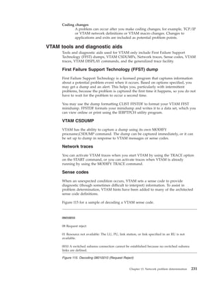 Coding changes
A problem can occur after you make coding changes; for example, TCP/IP
or VTAM network definitions or VTAM macro changes. Changes to
applications and exits are included as potential problem points.
VTAM tools and diagnostic aids
Tools and diagnostic aids used for VTAM only include First Failure Support
Technology (FFST) dumps, VTAM CSDUMPs, Network traces, Sense codes, VTAM
traces, VTAM DISPLAY commands, and the generalized trace facility.
First Failure Support Technology (FFST) dump
First Failure Support Technology is a licensed program that captures information
about a potential problem event when it occurs. Based on options specified, you
may get a dump and an alert. This helps you, particularly with intermittent
problems, because the problem is captured the first time it happens, so you do not
have to wait for the problem to occur a second time.
You may use the dump formatting CLIST FFSTDF to format your VTAM FFST
minidump. FFSTDF formats your minidump and writes it to a data set, which you
can view online or print using the IEBPTPCH utility program.
VTAM CSDUMP
VTAM has the ability to capture a dump using its own MODIFY
procname,CSDUMP command. The dump can be captured immediately, or it can
be set up to dump in response to VTAM messages or sense codes.
Network traces
You can activate VTAM traces when you start VTAM by using the TRACE option
on the START command, or you can activate traces when VTAM is already
running by using the MODIFY TRACE command.
Sense codes
When an unexpected condition occurs, VTAM sets a sense code to provide
diagnostic (though sometimes difficult to interpret) information. To assist in
problem determination, VTAM hints have been added to many of the architected
sense code definitions.
Figure 115 for a sample of decoding a VTAM sense code.
08010010
08 Request reject
01 Resource not available: The LU, PU, link station, or link specified in an RU is not
available.
0010 A switched subarea connection cannot be established because no switched subarea
links are defined.
Figure 115. Decoding 08010010 (Request Reject)
Chapter 13. Network problem determination 231
 