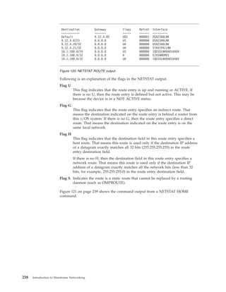 Following is an explanation of the flags in the NETSTAT output.
Flag U
This flag indicates that the route entry is up and running or ACTIVE. If
there is no U, then the route entry is defined but not active. This may be
because the device is in a NOT ACTIVE status.
Flag G
This flag indicates that the route entry specifies an indirect route. That
means the destination indicated on the route entry is behind a router from
this z/OS system. If there is no G, then the route entry specifies a direct
route. That means the destination indicated on the route entry is on the
same local network.
Flag H
This flag indicates that the destination field in this route entry specifies a
host route. That means this route is used only if the destination IP address
of a datagram exactly matches all 32 bits (255.255.255.255) in the route
entry destination field.
If there is no H, then the destination field in this route entry specifies a
network route. That means this route is used only if the destination IP
address of a datagram exactly matches all the network bits (less than 32
bits, for example, 255.255.255.0) in the route entry destination field.
Flag S Indicates the route is a static route that cannot be replaced by a routing
daemon (such as OMPROUTE).
Figure 121 on page 239 shows the command output from a NETSTAT HOME
command.
Destination Gateway Flags Refcnt Interface
----------- ------- ----- ------ ---------
Default 9.12.4.92 UGS 000001 OSA23A0LNK
9.12.4.0/23 0.0.0.0 US 000000 OSA23A0LNK
9.12.4.20/32 0.0.0.0 UH 000000 OSA23A0LNK
9.12.4.21/32 0.0.0.0 UH 000000 STAVIPA1LNK
10.1.100.0/24 0.0.0.0 US 000000 IQDIOLNK0A016404
10.1.100.4/32 0.0.0.0 H 000000 EZASAMEMVS
10.1.100.4/32 0.0.0.0 UH 000000 IQDIOLNK0A016404
Figure 120. NETSTAT ROUTE output
238 Introduction to Mainframe Networking
 