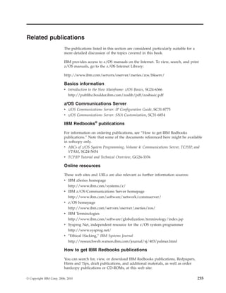 Related publications
The publications listed in this section are considered particularly suitable for a
more detailed discussion of the topics covered in this book.
IBM provides access to z/OS manuals on the Internet. To view, search, and print
z/OS manuals, go to the z/OS Internet Library:
http://www.ibm.com/servers/eserver/zseries/zos/bkserv/
Basics information
v Introduction to the New Mainframe: z/OS Basics, SG24-6366
http://publibz.boulder.ibm.com/zoslib/pdf/zosbasic.pdf
z/OS Communications Server
v z/OS Communications Server: IP Configuration Guide, SC31-8775
v z/OS Communications Server: SNA Customization, SC31-6854
IBM Redbooks®
publications
For information on ordering publications, see “How to get IBM Redbooks
publications.” Note that some of the documents referenced here might be available
in softcopy only.
v ABCs of z/OS System Programming, Volume 4: Communications Server, TCP/IP, and
VTAM, SG24-5654
v TCP/IP Tutorial and Technical Overview, GG24-3376
Online resources
These web sites and URLs are also relevant as further information sources:
v IBM zSeries homepage
http://www.ibm.com/systems/z/
v IBM z/OS Communications Server homepage
http://www.ibm.com/software/network/commserver/
v z/OS homepage
http://www.ibm.com/servers/eserver/zseries/zos/
v IBM Terminologies
http://www.ibm.com/software/globalization/terminology/index.jsp
v Sysprog Net, independent resource for the z/OS system programmer
http://www.sysprog.net/
v “Ethical Hacking,” IBM Systems Journal
http://researchweb.watson.ibm.com/journal/sj/403/palmer.html
How to get IBM Redbooks publications
You can search for, view, or download IBM Redbooks publications, Redpapers,
Hints and Tips, draft publications, and additional materials, as well as order
hardcopy publications or CD-ROMs, at this web site:
© Copyright IBM Corp. 2006, 2010 255
 