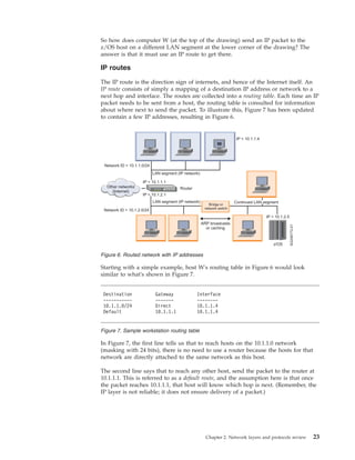 So how does computer W (at the top of the drawing) send an IP packet to the
z/OS host on a different LAN segment at the lower corner of the drawing? The
answer is that it must use an IP route to get there.
IP routes
The IP route is the direction sign of internets, and hence of the Internet itself. An
IP route consists of simply a mapping of a destination IP address or network to a
next hop and interface. The routes are collected into a routing table. Each time an IP
packet needs to be sent from a host, the routing table is consulted for information
about where next to send the packet. To illustrate this, Figure 7 has been updated
to contain a few IP addresses, resulting in Figure 6.
Starting with a simple example, host W's routing table in Figure 6 would look
similar to what's shown in Figure 7.
In Figure 7, the first line tells us that to reach hosts on the 10.1.1.0 network
(masking with 24 bits), there is no need to use a router because the hosts for that
network are directly attached to the same network as this host.
The second line says that to reach any other host, send the packet to the router at
10.1.1.1. This is referred to as a default route, and the assumption here is that once
the packet reaches 10.1.1.1, that host will know which hop is next. (Remember, the
IP layer is not reliable; it does not ensure delivery of a packet.)
Figure 6. Routed network with IP addresses
Destination Gateway Interface
----------- ------- --------
10.1.1.0/24 Direct 10.1.1.4
Default 10.1.1.1 10.1.1.4
Figure 7. Sample workstation routing table
Chapter 2. Network layers and protocols review 23
 