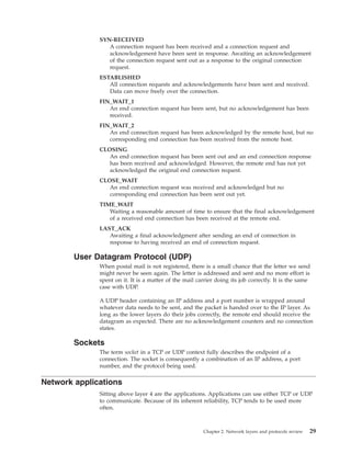 SYN-RECEIVED
A connection request has been received and a connection request and
acknowledgement have been sent in response. Awaiting an acknowledgement
of the connection request sent out as a response to the original connection
request.
ESTABLISHED
All connection requests and acknowledgements have been sent and received.
Data can move freely over the connection.
FIN_WAIT_1
An end connection request has been sent, but no acknowledgement has been
received.
FIN_WAIT_2
An end connection request has been acknowledged by the remote host, but no
corresponding end connection has been received from the remote host.
CLOSING
An end connection request has been sent out and an end connection response
has been received and acknowledged. However, the remote end has not yet
acknowledged the original end connection request.
CLOSE_WAIT
An end connection request was received and acknowledged but no
corresponding end connection has been sent out yet.
TIME_WAIT
Waiting a reasonable amount of time to ensure that the final acknowledgement
of a received end connection has been received at the remote end.
LAST_ACK
Awaiting a final acknowledgment after sending an end of connection in
response to having received an end of connection request.
User Datagram Protocol (UDP)
When postal mail is not registered, there is a small chance that the letter we send
might never be seen again. The letter is addressed and sent and no more effort is
spent on it. It is a matter of the mail carrier doing its job correctly. It is the same
case with UDP.
A UDP header containing an IP address and a port number is wrapped around
whatever data needs to be sent, and the packet is handed over to the IP layer. As
long as the lower layers do their jobs correctly, the remote end should receive the
datagram as expected. There are no acknowledgement counters and no connection
states.
Sockets
The term socket in a TCP or UDP context fully describes the endpoint of a
connection. The socket is consequently a combination of an IP address, a port
number, and the protocol being used.
Network applications
Sitting above layer 4 are the applications. Applications can use either TCP or UDP
to communicate. Because of its inherent reliability, TCP tends to be used more
often.
Chapter 2. Network layers and protocols review 29
 