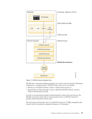 ESCON has a somewhat different topology for control unit and channel attachment
compared to a parallel channel. ESCON control units can be connected:
v Directly to an ESCON channel, which is called point-to-point, or
v Dynamically switched through a device called the ESCON Director, which is
called switched point-to-point
In order to accommodate parallel channel-attached control units and devices, the
ESCON conversion mode allows communication from an ESCON channel to
parallel channel-attached control units.
The maximum channel data rate of an ESCON channel is 17 MBps (megabytes per
second) and the maximum unrepeated distance is 3 kilometers.
IOS
NO
Interrupt
SSCH
Channel subsystem
I/O request: (Macros or SVC 0)
SSCH (SSID and ORB)
CCWs and data
ESCON channel
ESCON channel
ESCON device level
ESCON link level
UCB
I/O requests
ESCON
topology
ESCON CU
ESCON physical level
ESCON I/O architecture
Application
SG246772-33
Figure 11. ESCON channel operation flow
Chapter 3. Hardware connectivity on the mainframe 39
 