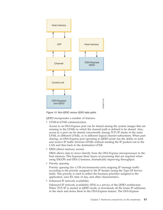 QDIO incorporates a number of features:
v LPAR-to-LPAR communication
Access to an OSA-Express port can be shared among the system images that are
running in the LPARs to which the channel path is defined to be shared. Also,
access to a port can be shared concurrently among TCP/IP stacks in the same
LPAR, in different LPARs, or in different logical channel subsystems. When port
sharing, an OSA-Express port operating in QDIO mode has the ability to send
and receive IP traffic between LPARs without sending the IP packets out to the
LAN and then back to the destination LPAR.
v DMA (direct memory access)
DMA allows data to move directly from the OSA-Express microprocessor to the
host memory. This bypasses three layers of processing that are required when
using ESCON and OSA-2 features, dramatically improving throughput.
v Priority queuing
Priority queuing (for z/OS environments) sorts outgoing IP message traffic
according to the priority assigned in the IP header (using the Type Of Service
field). This priority is used to reflect the business priorities assigned to the
application, user ID, time of day, and other characteristics.
v Enhanced IP network availability
Enhanced IP network availability (IPA) is a service of the QDIO architecture.
When TCP/IP is started in QDIO mode, it downloads all the home IP addresses
in the stack and stores them in the OSA-Express feature. The OSA-Express
Host memory
IOP
Channel
Control unit
OSA-Express
non-QDIO
Host memory
OSA-Express
QDIO
SG246772-35
Figure 13. Non-QDIO versus QDIO data paths
Chapter 3. Hardware connectivity on the mainframe 43
 