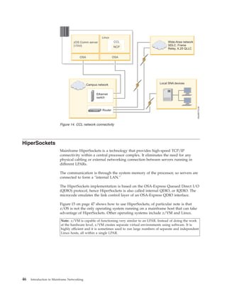 HiperSockets
Mainframe HiperSockets is a technology that provides high-speed TCP/IP
connectivity within a central processor complex. It eliminates the need for any
physical cabling or external networking connection between servers running in
different LPARs.
The communication is through the system memory of the processor, so servers are
connected to form a "internal LAN."
The HiperSockets implementation is based on the OSA-Express Queued Direct I/O
(QDIO) protocol, hence HiperSockets is also called internal QDIO, or IQDIO. The
microcode emulates the link control layer of an OSA-Express QDIO interface.
Figure 15 on page 47 shows how to use HiperSockets; of particular note is that
z/OS is not the only operating system running on a mainframe host that can take
advantage of HiperSockets. Other operating systems include z/VM and Linux.
Note: z/VM is capable of functioning very similar to an LPAR. Instead of doing the work
at the hardware level, z/VM creates separate virtual environments using software. It is
highly efficient and it is sometimes used to run large numbers of separate and independent
Linux hosts, all within a single LPAR.
Figure 14. CCL network connectivity
46 Introduction to Mainframe Networking
 