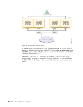 In order to balance the connections to the appropriate targets, TCP/IP is going to
need to be talking to the workload manager. By coding SYSPLEXROUTING in the
IPCONFIG section of the TCP/IP profile, we can ensure that WLM is consulted for
connection distribution advice.
If LPAR 1 is to function as a distributor, the next thing to be defined is the IP
address it uses. We'll use the definitions in Figure 36 on page 87. This means that
10.134.61.190 is the IP address a client on the network would use to connect to the
sysplex.
Figure 35. Dynamic XCF network sample
86 Introduction to Mainframe Networking
 