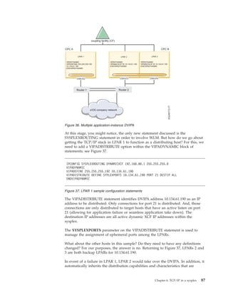 At this stage, you might notice, the only new statement discussed is the
SYSPLEXROUTING statement in order to involve WLM. But how do we go about
getting the TCP/IP stack in LPAR 1 to function as a distributing host? For this, we
need to add a VIPADISTRIBUTE option within the VIPADYNAMIC block of
statements; see Figure 37.
The VIPADISTRIBUTE statement identifies DVIPA address 10.134.61.190 as an IP
address to be distributed. Only connections for port 21 is distributed. And, those
connections are only distributed to target hosts that have an active listen on port
21 (allowing for application failure or seamless application take down). The
destination IP addresses are all active dynamic XCF IP addresses within the
sysplex.
The SYSPLEXPORTS parameter on the VIPADISTRIBUTE statement is used to
manage the assignment of ephemeral ports among the LPARs.
What about the other hosts in this sample? Do they need to have any definitions
changed? For our purposes, the answer is no. Returning to Figure 37, LPARs 2 and
3 are both backup LPARs for 10.134.61.190.
In event of a failure in LPAR 1, LPAR 2 would take over the DVIPA. In addition, it
automatically inherits the distribution capabilities and characteristics that are
Figure 36. Multiple application-instance DVIPA
IPCONFIG SYSPLEXROUTING DYNAMICXCF 192.168.80.1 255.255.255.0
VIPADYNAMIC
VIPADEFINE 255.255.255.192 10.134.61.190
VIPADISTRIBUTE DEFINE SYPLEXPORTS 10.134.61.190 PORT 21 DESTIP ALL
ENDVIPADYNAMIC
Figure 37. LPAR 1 sample configuration statements
Chapter 6. TCP/IP in a sysplex 87
 